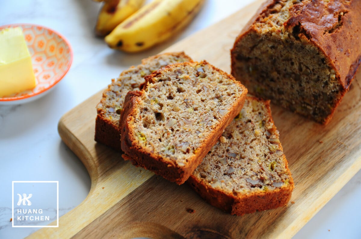 Homemade Banana Bread Recipe by Huang Kitchen - Slices on Serving Board