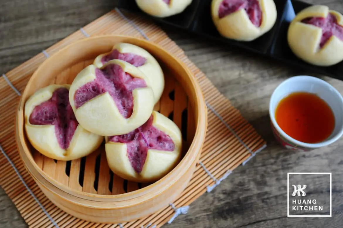 Purple Sweet Potato Steamed Flower Bun Recipe 紫薯开花馒头包 | Huang Kitchen