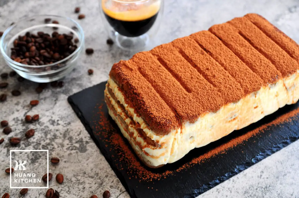 Easy Homemade Tiramisu Recipe by Huang Kitchen - Top View of Tiramisu Cake with Espresso Coffee Beans