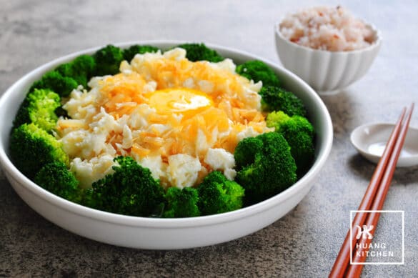 Shanghai Stir Fry Egg Whites With Dried Scallop Recipe (Sai Pang Xie) by Huang Kitchen - Dish with steamed rice and chopsticks at the side