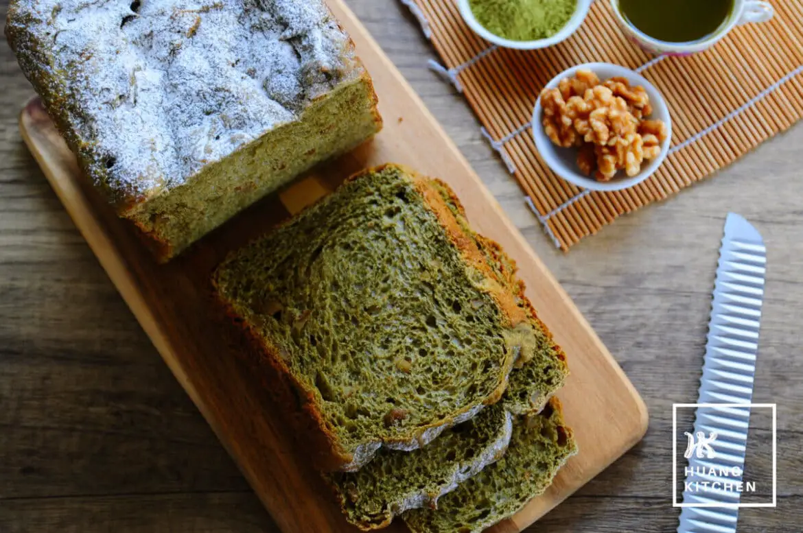 Matcha Green Tea Milk Bread (Bread Machine) Recipe by Huang Kitchen - Recipe Feature Photo Top Down with ingredients