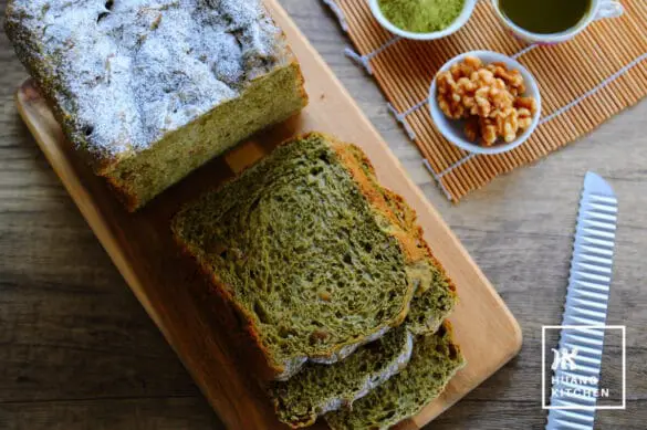Matcha Green Tea Milk Bread (Bread Machine) Recipe by Huang Kitchen - Recipe Feature Photo Top Down with ingredients