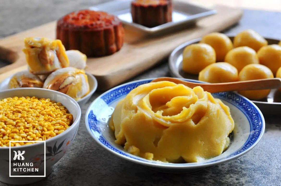 Homemade Durian Mung Bean Pastę Recipe by Huang Kitchen - Paste swirl and balls with ingredients and mooncake in background