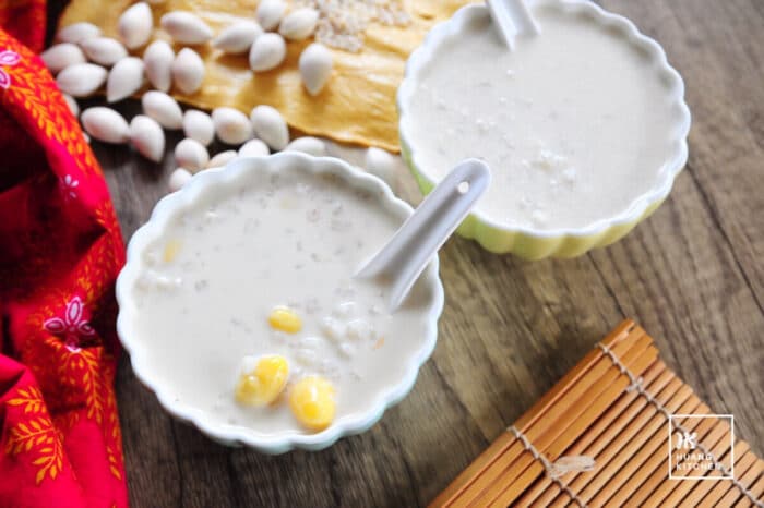 Gingko Barley Beancurd Sweet Soup Recipe - Huang Kitchen - top down view of dessert bowls
