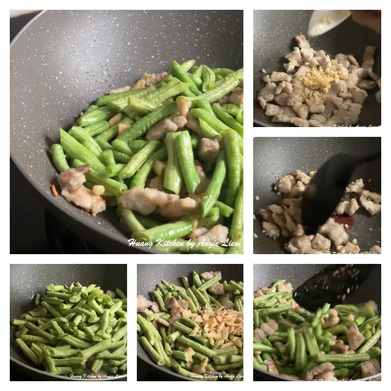 Stir fry long bean with pork belly.