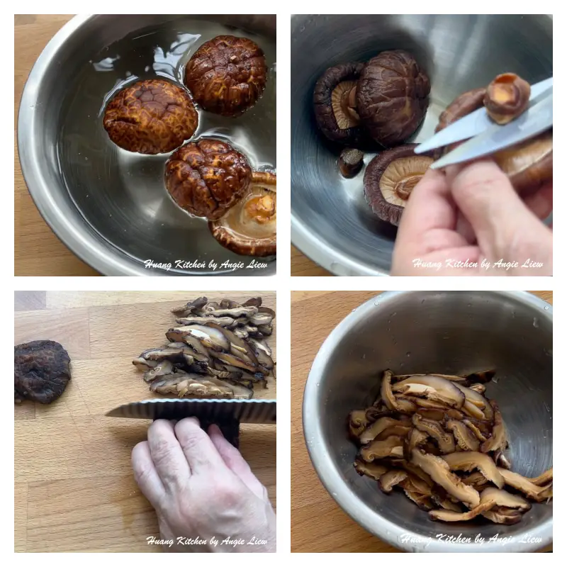 Rehydrate dried shiitake mushrooms and cut into strips.