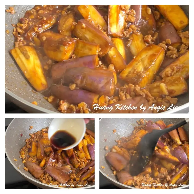 Add black vinegar into cooked eggplant and mix well.