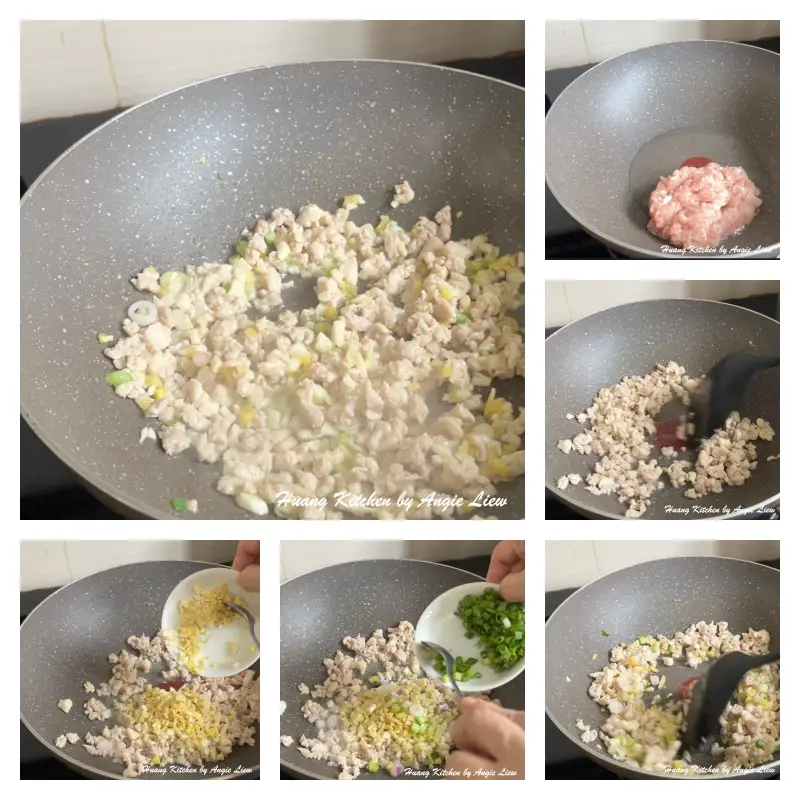 Saute minced meat till fragrant.