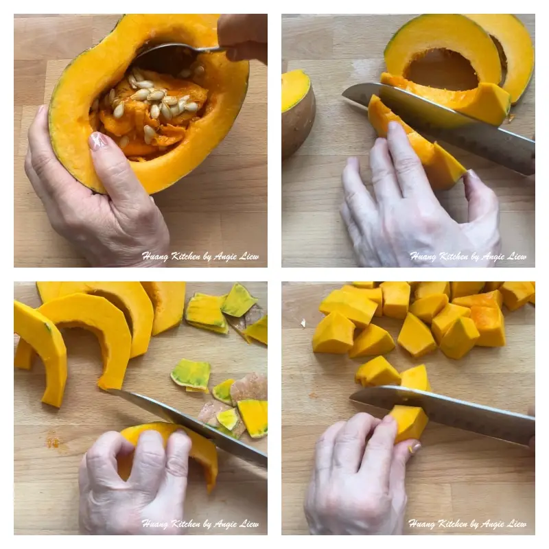 Peel and cut pumpkin into cubes.
