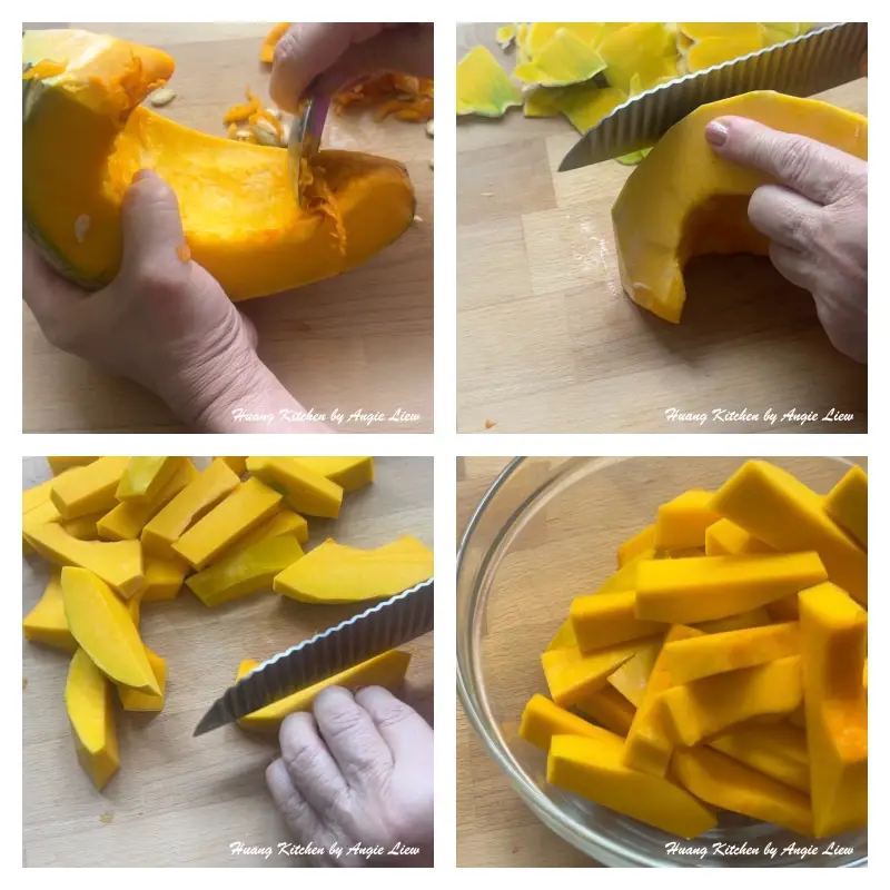 Skin and cut pumpkin.