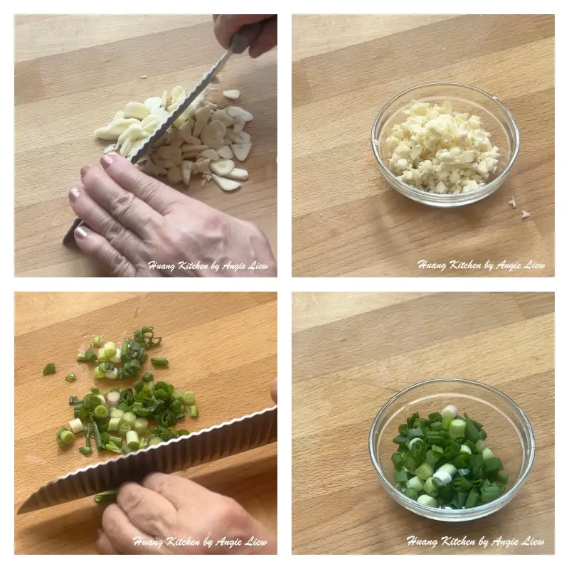 Chop garlic and spring onion.