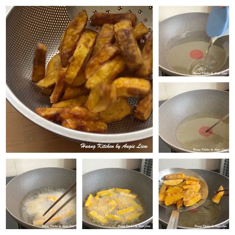 Deep fry the pumpkin till crispy and cooked through.