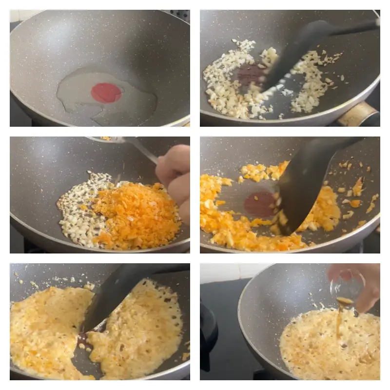 Stir fry salted egg yolk with minced garlic..