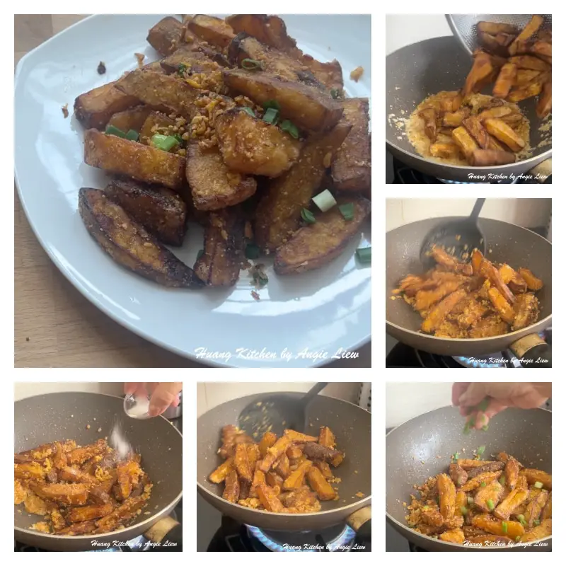 Stir fry pumpkin with salted egg yolk.