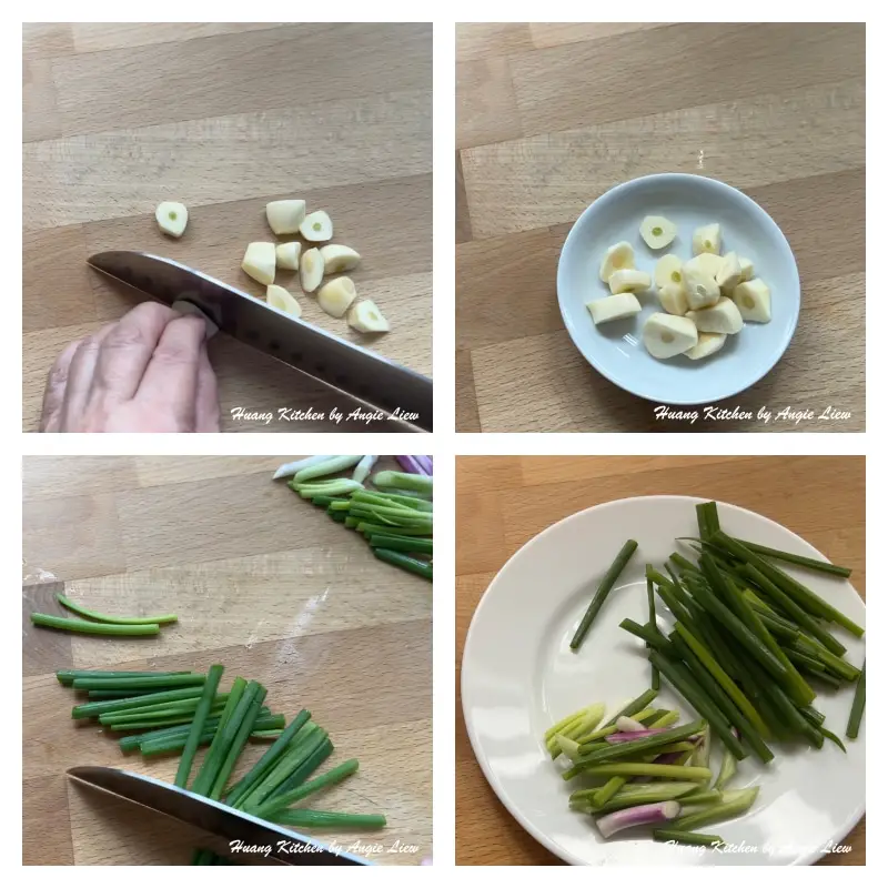 Cut garlic and spring onions.