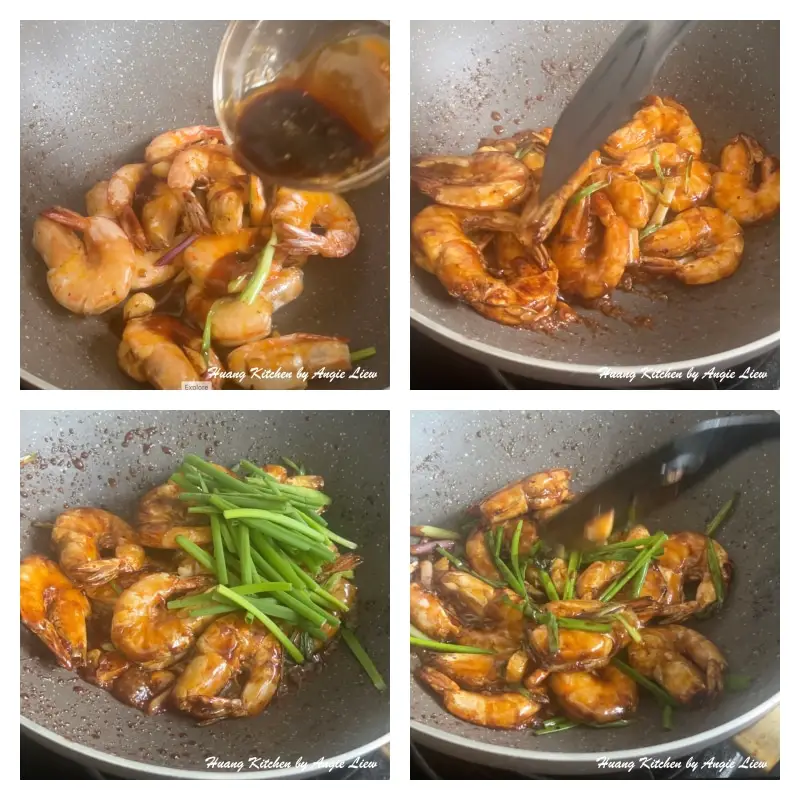 Stir fry the prawns with the sauce.