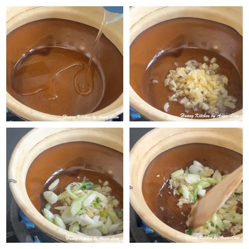 Saute garlice and spring onion till fragrant.