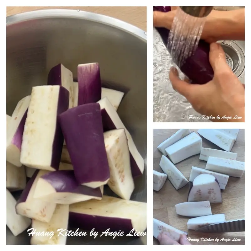 Wash and cut eggplant into strips.