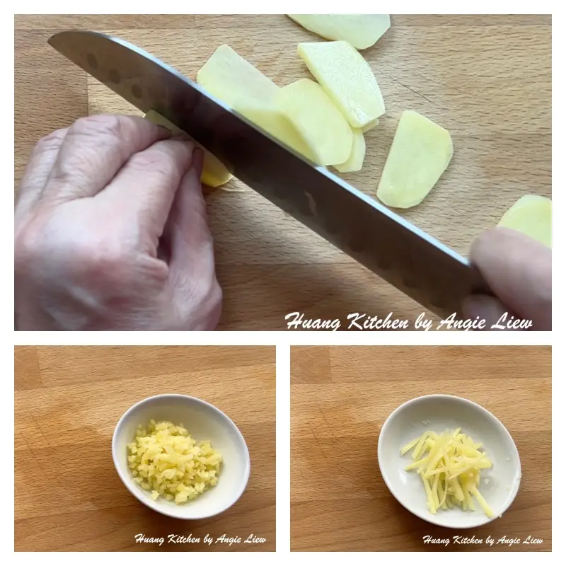 Dice ginger and cut some into strips.