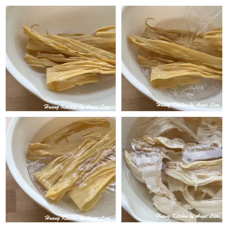 Soak fried beancurd skin till soft and drained.