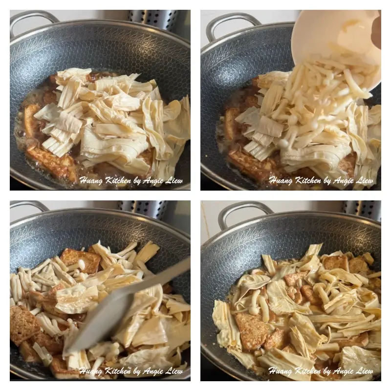 Simmer beancurd skin and mushrooms.