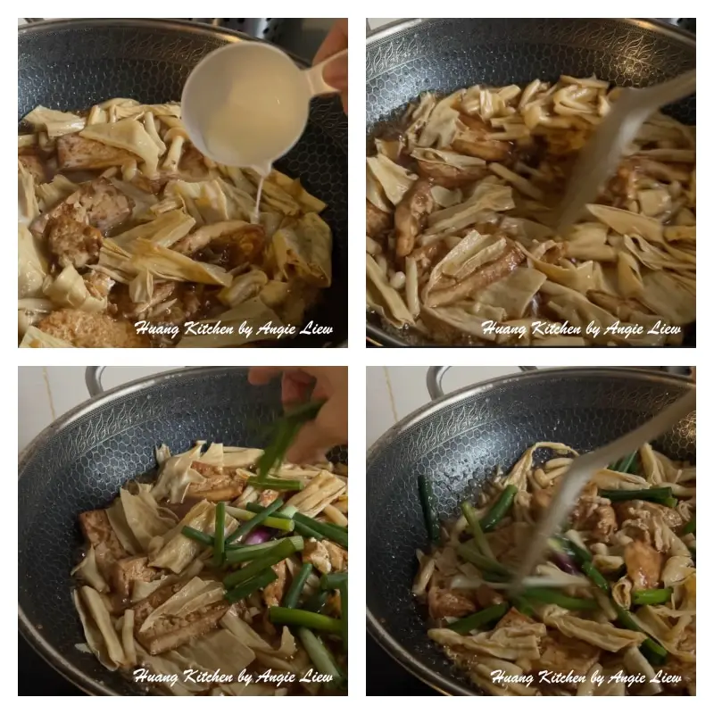 add cornstarch slurry, stir till sauce thickened. Then add in spring onion.