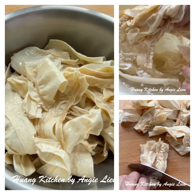 Drained beancurd skin and cut into smaller pieces.