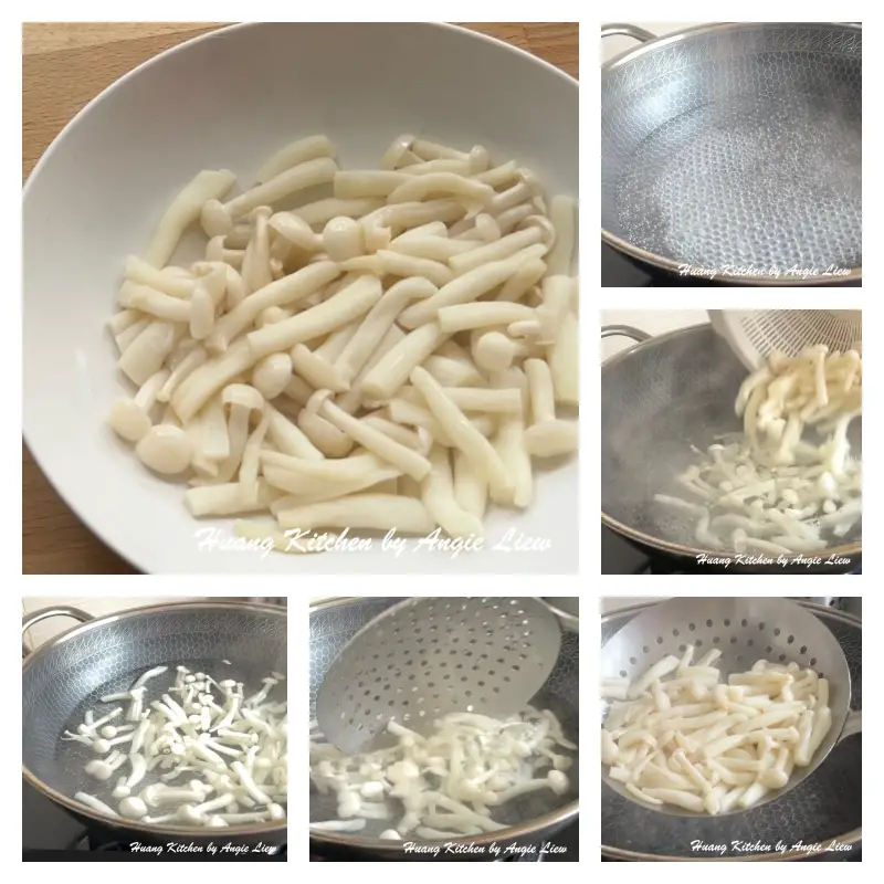 Blanch shimeiji mushrooms.