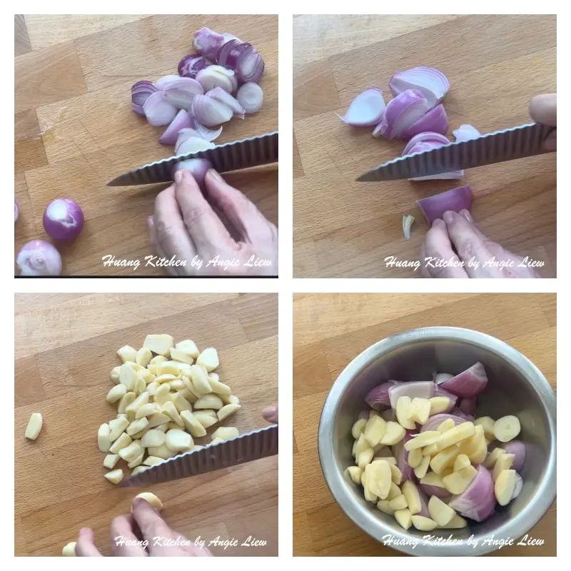 Peel shallots, onion and garlic. Then cut into pieces for blending.