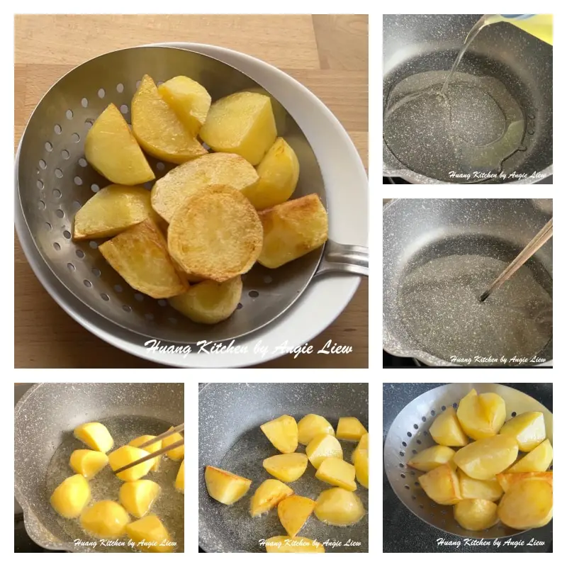 Deep fry potatoes till golden brown.