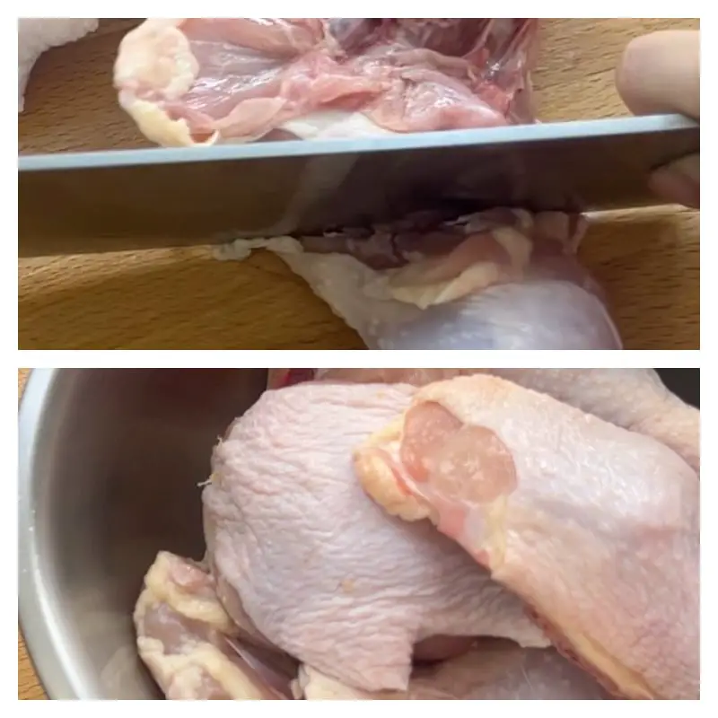 Cut each whole chicken leg into 2 pieces.