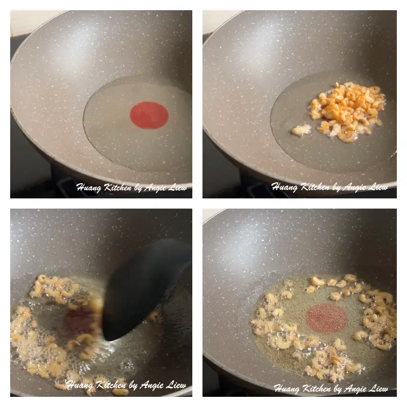 Stir fry dried shrimp till aromatic and bubbling.