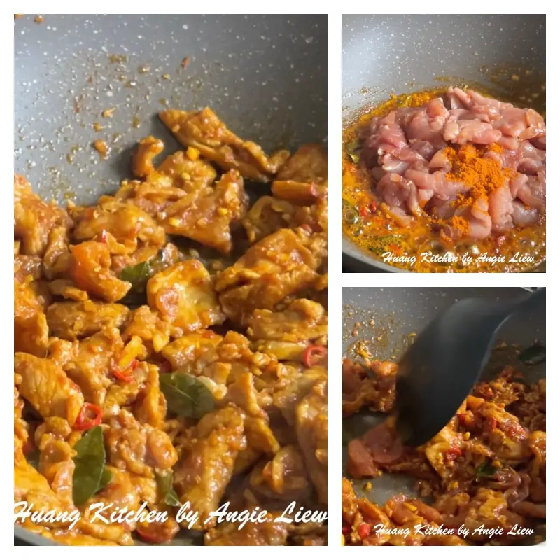 Stir fry marinated pork till fragrant.