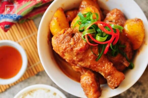Pongteh Chicken Recipe (Peranakan Braised Chicken with Potatoes) 娘惹鸡食谱 - top view down with chinese tea and steamed rice