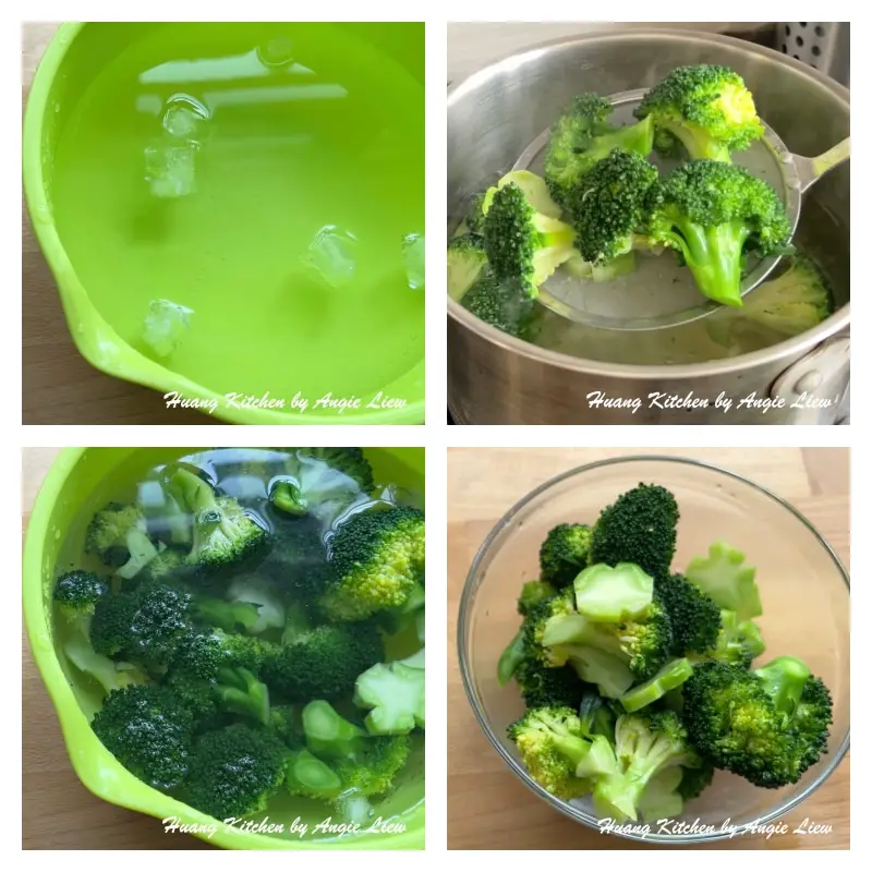 Plunge blanched broccoli into cold water. Drained and set aside.