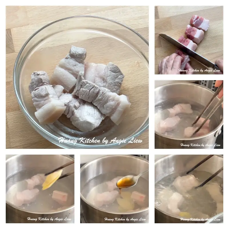 Prepare and blanch pork belly.