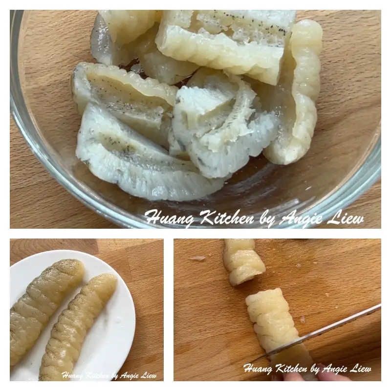 Cut sea cucumber into thick pieces.