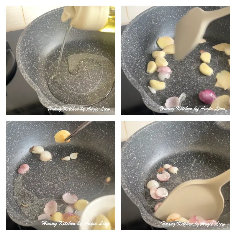 Saute garlic, ginger and shallots till fragrant.