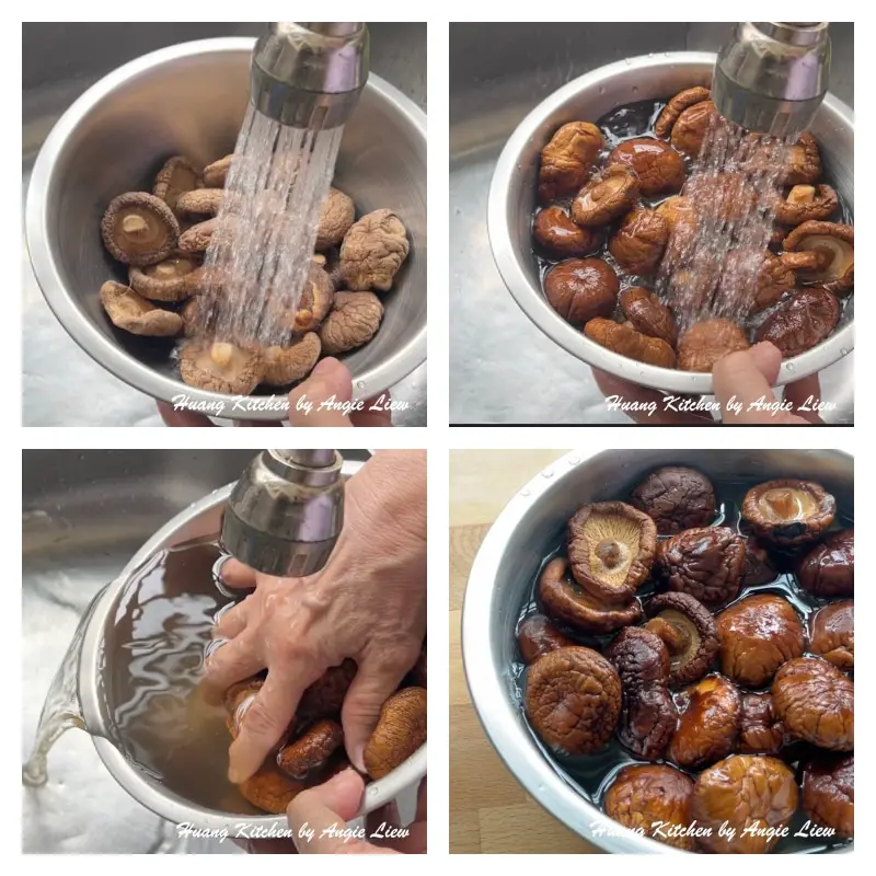 Rinse and soak dried shiitake mushrooms.