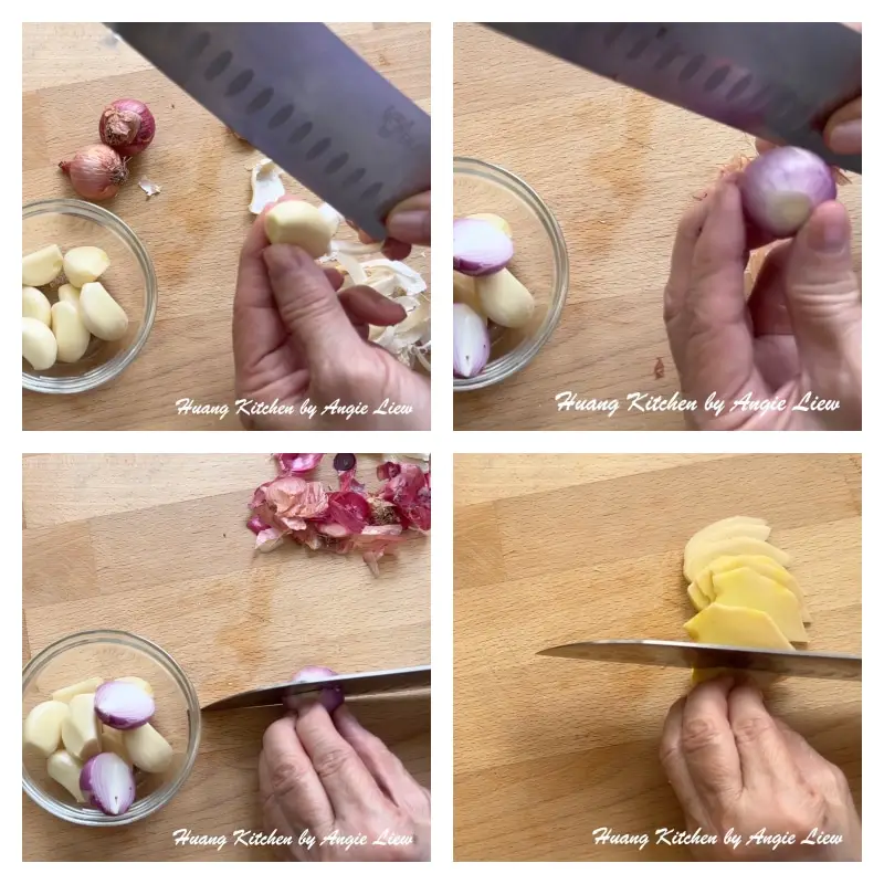 Peel garlic and shallots. Cut ginger into slices.