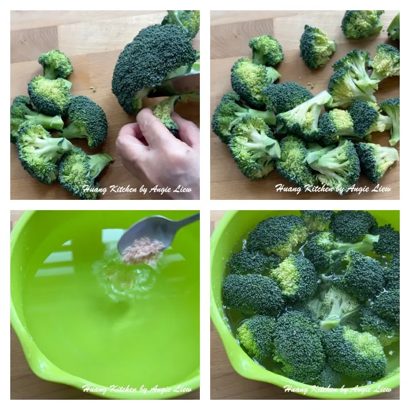 Cut broccoli into florets and soak in salt water.