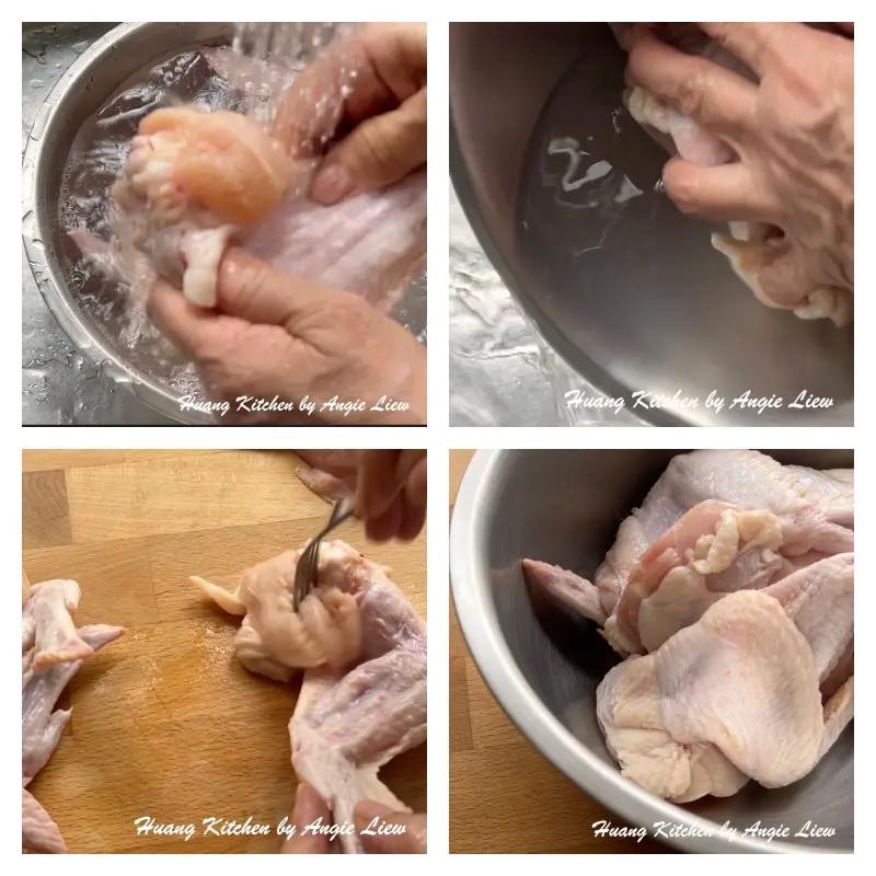 Wash, drain and prick on chicken wing.