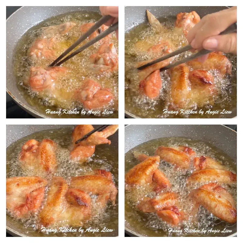 Deep fry chicken wings.