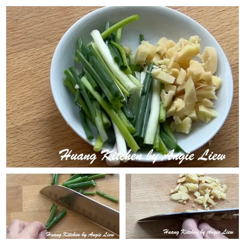 Chop ginger and cut spring onions.