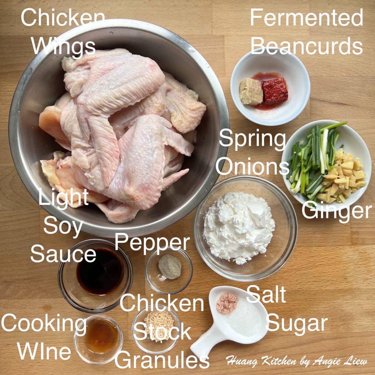 Ingredients to make fried chicken wings.
