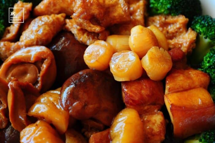 Braised Abalone, Sea Cucumber, Fish Maw, Dried Scallops and Dried Shiitake Mushrooms