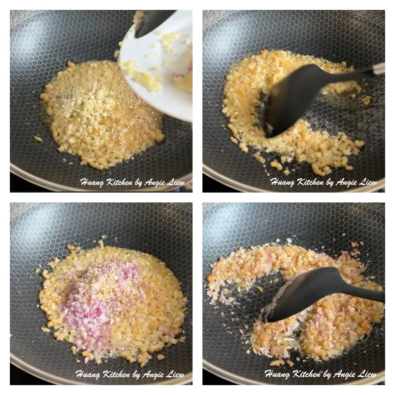 Stir fry minced garlic, shallots and lemongrass.