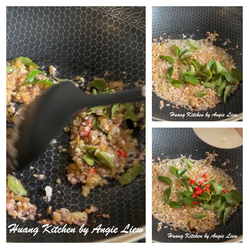 Add curry leaves and bird eyes' chillies. Fry till aromatic.