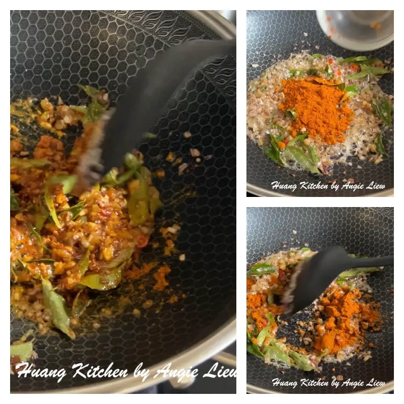 Stir fry curry powder ensuring it does not burn.