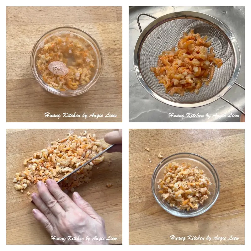 Soak, drain and chop dried shrimp.